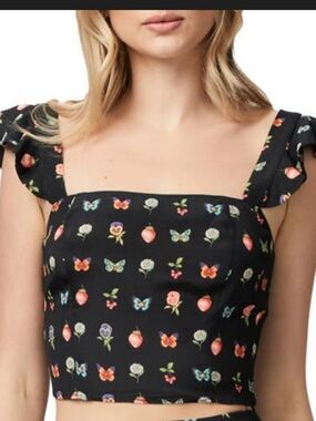 PAIGE Naya Ruffle Strap Crop Top NWT | Black Floral Butterfly Print | Size M